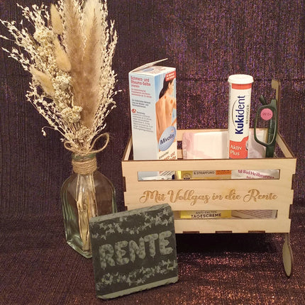 RENTE ROLLATOR, Rentnerbox/ Rentnerkorb, Ruhestand. Zur Rente, lustiges Geschenk für Mann oder Frau zum Renteneintritt, Schieferuntersetzer
