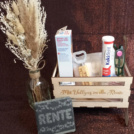 RENTE ROLLATOR, Rentnerbox/ Rentnerkorb, Ruhestand. Zur Rente, lustiges Geschenk für Mann oder Frau zum Renteneintritt, Schieferuntersetzer