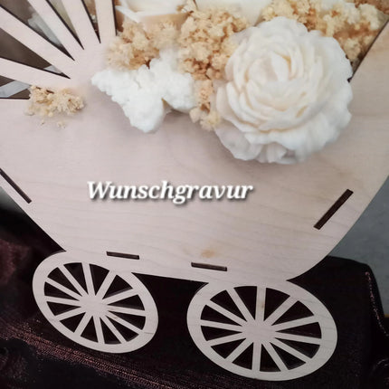 Baby Geschenk, KINDERWAGEN, Zur Geburt, FARBE NATUR! Babyparty, Blumen, Wachsblumen aus 100 % Rapswachs, Blumenbouquet