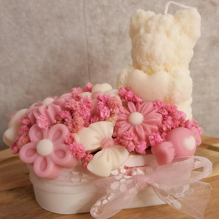Valentinstag, MINI Blumenbouquet ovale Form, I Love You oder Teddybärkerze, Wachsblumen aus 100 % Rapswachs, Blumenbouquet