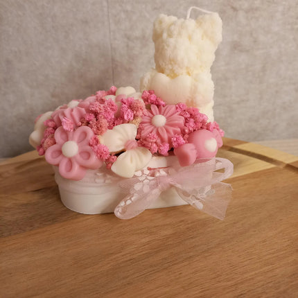 Valentinstag, MINI Blumenbouquet ovale Form, I Love You oder Teddybärkerze, Wachsblumen aus 100 % Rapswachs, Blumenbouquet