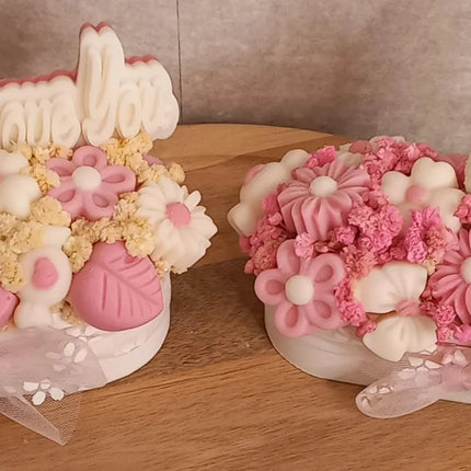 Valentinstag, MINI Blumenbouquet ovale Form, I Love You oder Teddybärkerze, Wachsblumen aus 100 % Rapswachs, Blumenbouquet